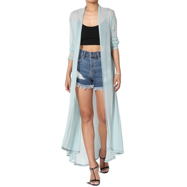 TheMogan Cardigan Ouvert à Manches Longues en Maille pour Femmes Mi-Mollet Caftan Transparent