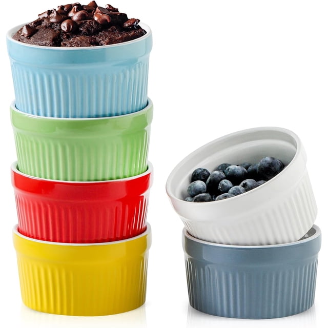 Hasense Ramekins Oven Safe, 6-Piece Set - 8 oz Ceramic Dipping Sauce Cups for Baking, Dessert, Dishwasher Safe, Multi Color