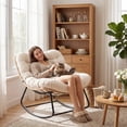 thumbnail image 3 of Indoor Outdoor Patio Rocking Glider Chair – 450 lbs Capacity – Weather-Resistant Rattan, UV-Proof Cushion & soft Toy Fleece Upholstery – Sturdy Rubber Wood & Reinforced Steel Frame, 3 of 6