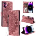 thumbnail image 1 of Étui à Rabat pour iPhone 16 Plus, Portefeuille en Cuir PU Premium avec Fleurs en Relief Totem, Porte-Cartes et Support Compatible avec iPhone 16 Plus - Rose, 1 of 13