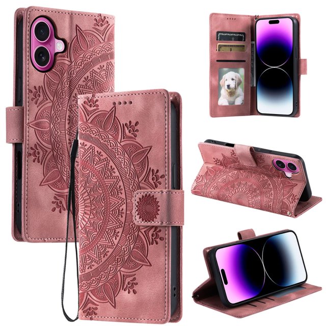 Étui à Rabat pour iPhone 16 Plus, Portefeuille en Cuir PU Premium avec Fleurs en Relief Totem, Porte-Cartes et Support Compatible avec iPhone 16 Plus - Rose
