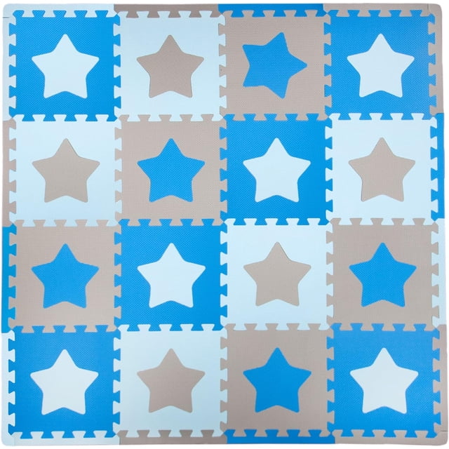 GFDYREE Playmat Set 16-Piece Stars in blue and grey colors, featuring interlocking foam tiles with star-shaped cutouts. Includes 16 frame pieces, 16 shapes, and 16 border pieces. Designed for safe, soft, and durable use, with easy care and cleaning. Suitable for creating a comfortable play area for babies and toddlers.