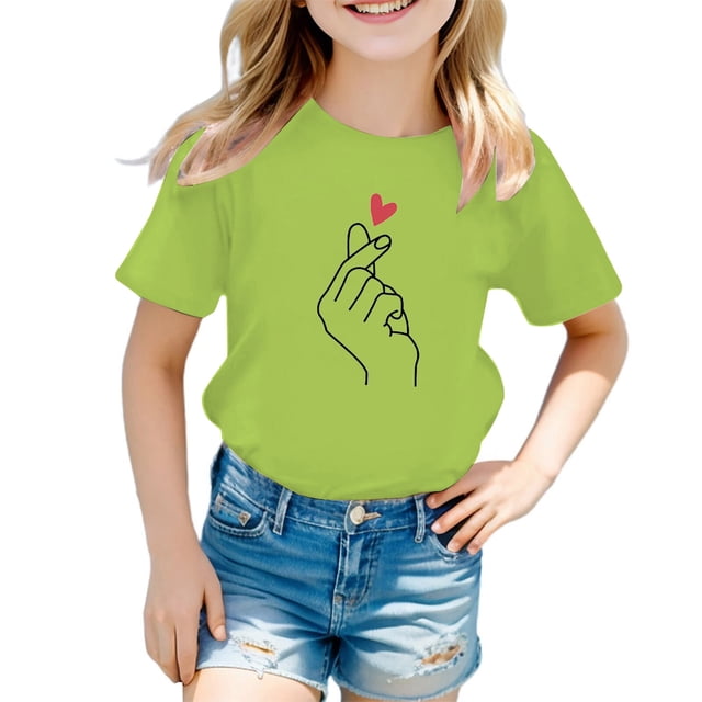 PMVFHDE Hauts Tube pour Filles T-Shirt à Manches Courtes pour Fille T-Shirt Fille T-Shirt Mignon pour Filles Hauts pour Fille Enfant T-Shirt Graphique Mignon à Col Rond à Manches Courtes T-Shirt d'Été Décontracté Vert Pâle, 3-4 Ans