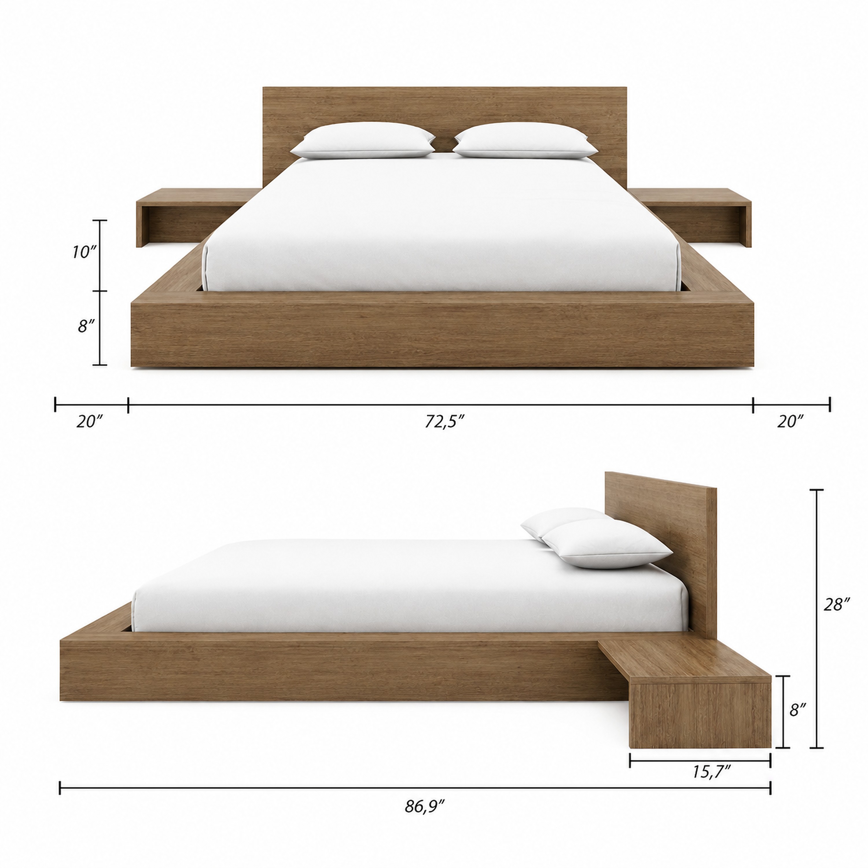Ensemble de chambre à coucher Nexera Kanso 4 pièces avec lit queen size et plateforme basse, Chêne brun