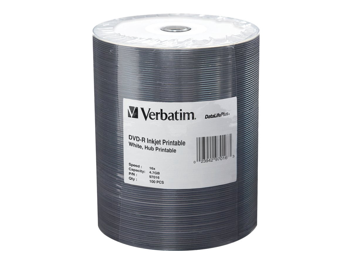 Verbatim DataLifePlus - 100 x DVD-R - 4,7 Go 16x - Blanc - surface Imprimable par jet d'Encre, Moyeu Intérieur Imprimable - Brique