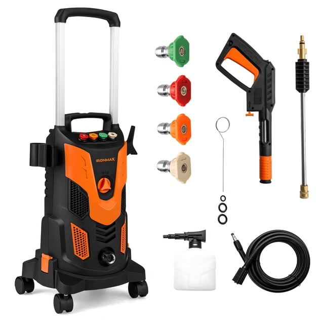 Ironmax Laveuse Électrique à Pression avec 4 Embouts et Bouteille de Savon, Roues Verrouillables pour le Nettoyage, Orange