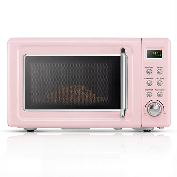 Costway 0.7 Cu.ft Retro Countertop Microwave Oven 700W LED Display Glass Turntable Pink