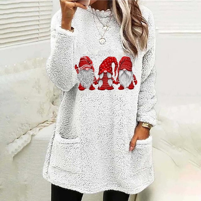 TIMIFIS Cadeaux de Noël Chandail à Col Rond pour Femmes Chandail Molletonné Décontracté d'Hiver Gnomes Père Noël Noël Imprimé Chandails à Manches Longues Hauts avec Poche