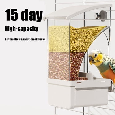 Automatic Bird Feeder with Husk Separation, No-Spill Design, Large Capacity 18x11x8.5cm, Yellow/White Plastic, Easy Install, Splash-Proof Food Box for Pet Birds, 1 Pack