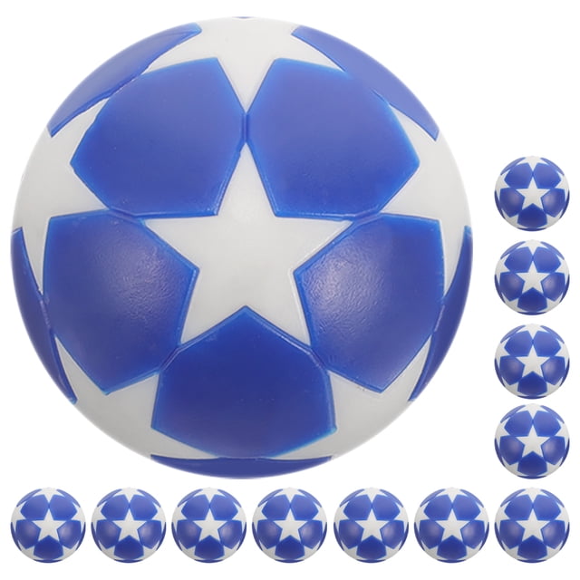 KAKOWELY table ball 12pcs foosball balls with a blue and white star pattern design. Crafted from durable plastic, each ball measures 3.2 cm in diameter and fits standard foosball tables. Perfect for replacing worn-out balls, these tabletop soccer accessories enhance gameplay with smoother control and reliable performance.