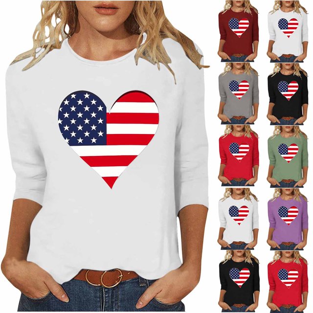 Jinhomg Chemises d'Été pour Femmes 2025 4th of July T-Shirts à Manches 3/4 Décontractés Col Ras du Cou Tuniques à Motif Drapeau Américain Hauts Tenues de Parade de Vacances de Rue Rouge m