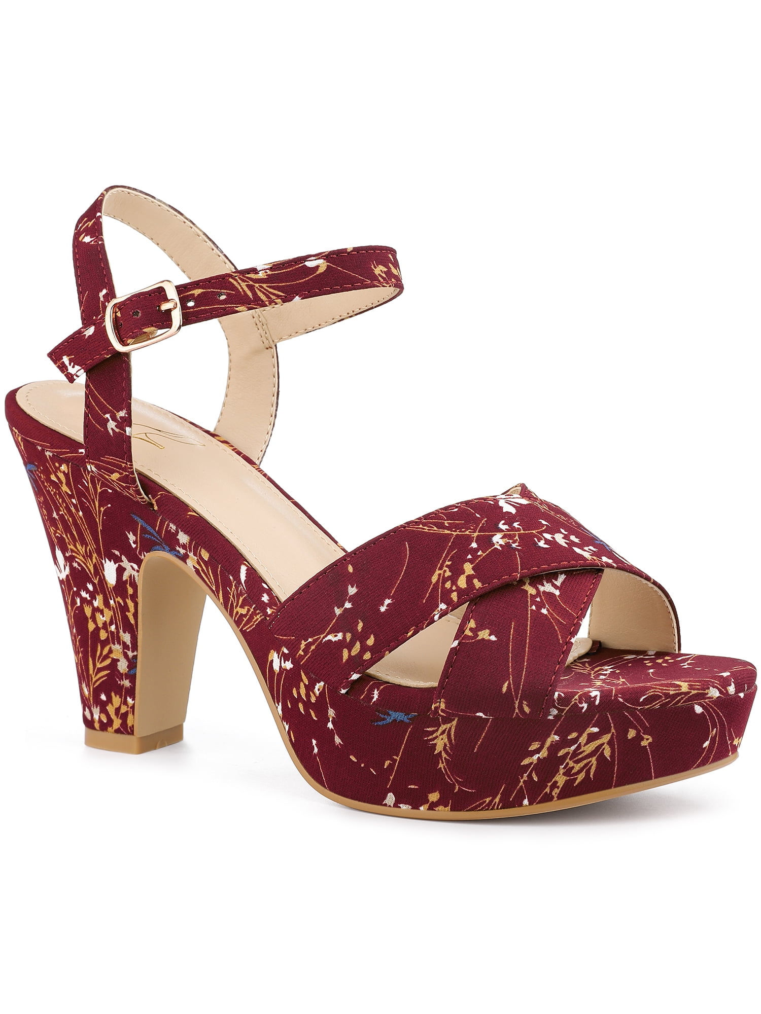 BLISSFUL STEP Women's Shoes Floral Pattern Platform Chunky Heel Open Toe Slingback Buckle Strap Sandals Burgundy 7