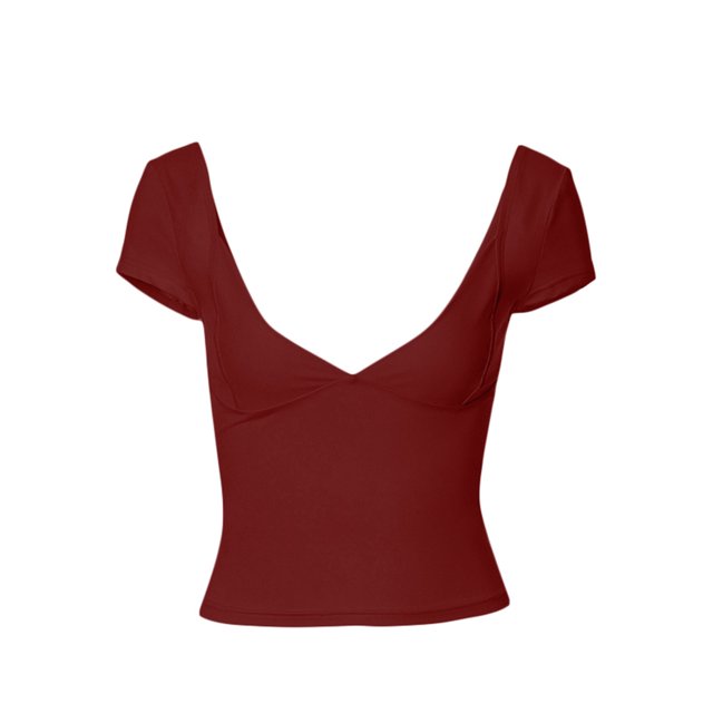 Gupgi Women Deep V Neck T-Shirts Solid Color Short Sleeve Low Cut Slim Crop Top