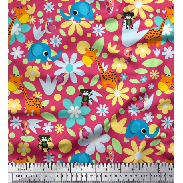 Soimoi Poly Georgette Fabric Floral,Bird & Animal Cartoon Print Sewing Fabric Yard 52 Inch Wide