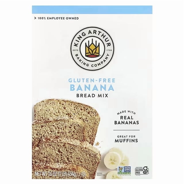 King Arthur Baking Company Gluten-Free Banana Bread Mix, 16 oz (454 g) packaging featuring slices of banana bread and banana slices. This baking mix is made with real bananas, great for muffins, and fortified with iron, calcium, and vitamin B. Certified Non-GMO, Gluten-Free, Kosher, and B Corporation.