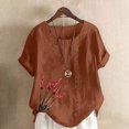 thumbnail image 2 of Pisexur Hauts pour Femmes Décontractés en Lin Col Rond Grande Taille Imprimé Manches Courtes T-shirt Blouse, Hauts d'Été pour Femmes Café, 3TG, 2 of 5
