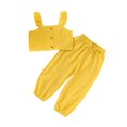 thumbnail image 1 of Toddler Baby Girl Solid Color Ruffle Sleeveless Button Down Halter Tank Crop Tops and Pants Outfits Yellow 1-2 Years, 1 of 6