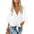 thumbnail image 1 of Women's V Neck Tops Ruffle 3/4 Sleeve Tie Knot Blouses Button Down Shirts - WHITE, 1 of 3