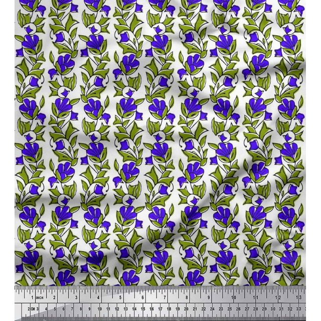 Soimoi Silk Fabric Leaves & Floral Block Print Sewing Fabric Yard 42 Inch Wide