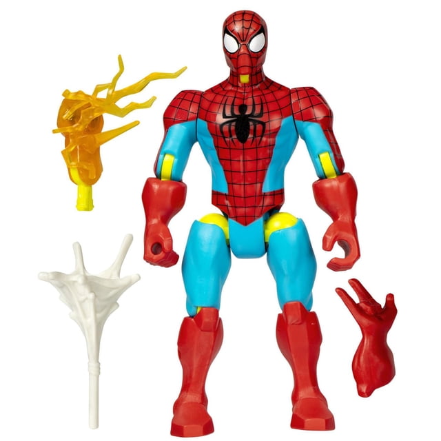 MixMashers Marvel Spider-Man Mix-And-Match Action Figure featuring a 5-inch articulated red and blue figure with black spider emblem on chest, white eyes, and yellow connectors, including yellow bioelectric FX part, white web accessory, and extra red hand for customizable play.