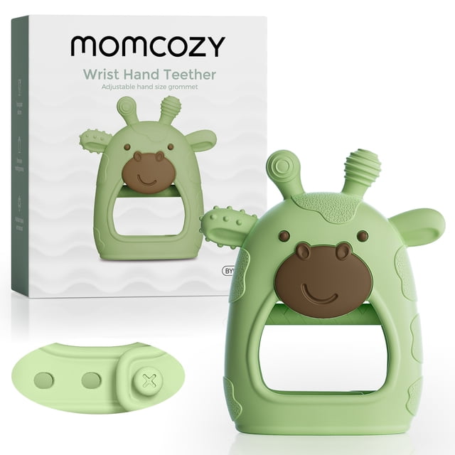 Momcozy Silicone Baby Teether Giraffe Green, a BPA-free silicone teething toy designed for babies. Shaped like a giraffe, it has a soft green body, a brown smiling face, and textured surfaces to soothe sore gums. The teether includes an easy-to-grasp handle and an adjustable wrist strap for secure use. Packaged in a branded box with product details.