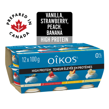 OIKOS High Protein Vanilla/Strawberry/Peach/Banana, 0% M.F., 12x100g