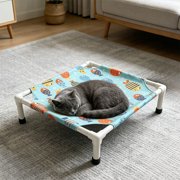 Cat and Dog Camp Bed with Removable Washable Linen Cover, Wooden Frame, Breathable Raised Pet Mat, Multicolor 53 x 48 x 13 cm, 1 Pc