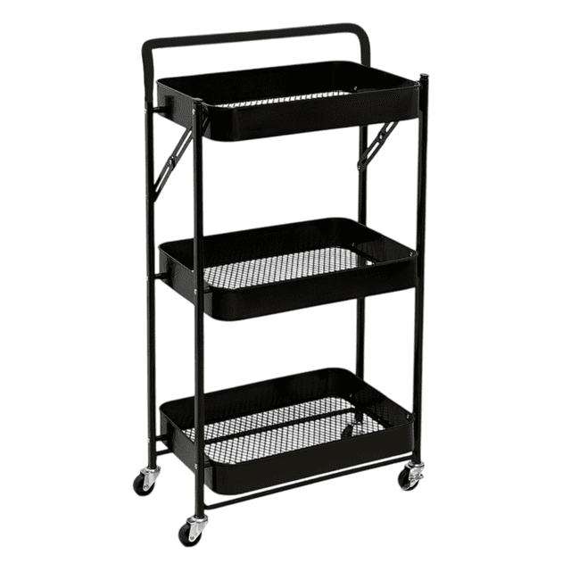Chariot Roulant Pliable, Aucun Assemblage Requis, Chariot de Rangement en Métal à 3 Niveaux avec Poignée, 2 Roulettes Verrouillables à 360°, Chariot Utilitaire Gain de Place, Noir Minuit, 17.75 x 11.63 x 32.63 Po