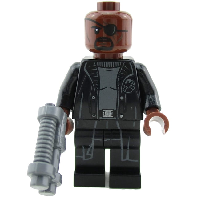 LEGO All Parts to Build Spider-Man Far from Home Nick Fury Minifigure from Set 76130. This multicolour LEGO minifigure features Nick Fury from the Marvel SuperHeroes theme, released in 2019. The figure is shown holding a grey accessory and wearing a detailed black outfit with printed designs, including a jacket and belt. Suitable for children aged 5 and up.