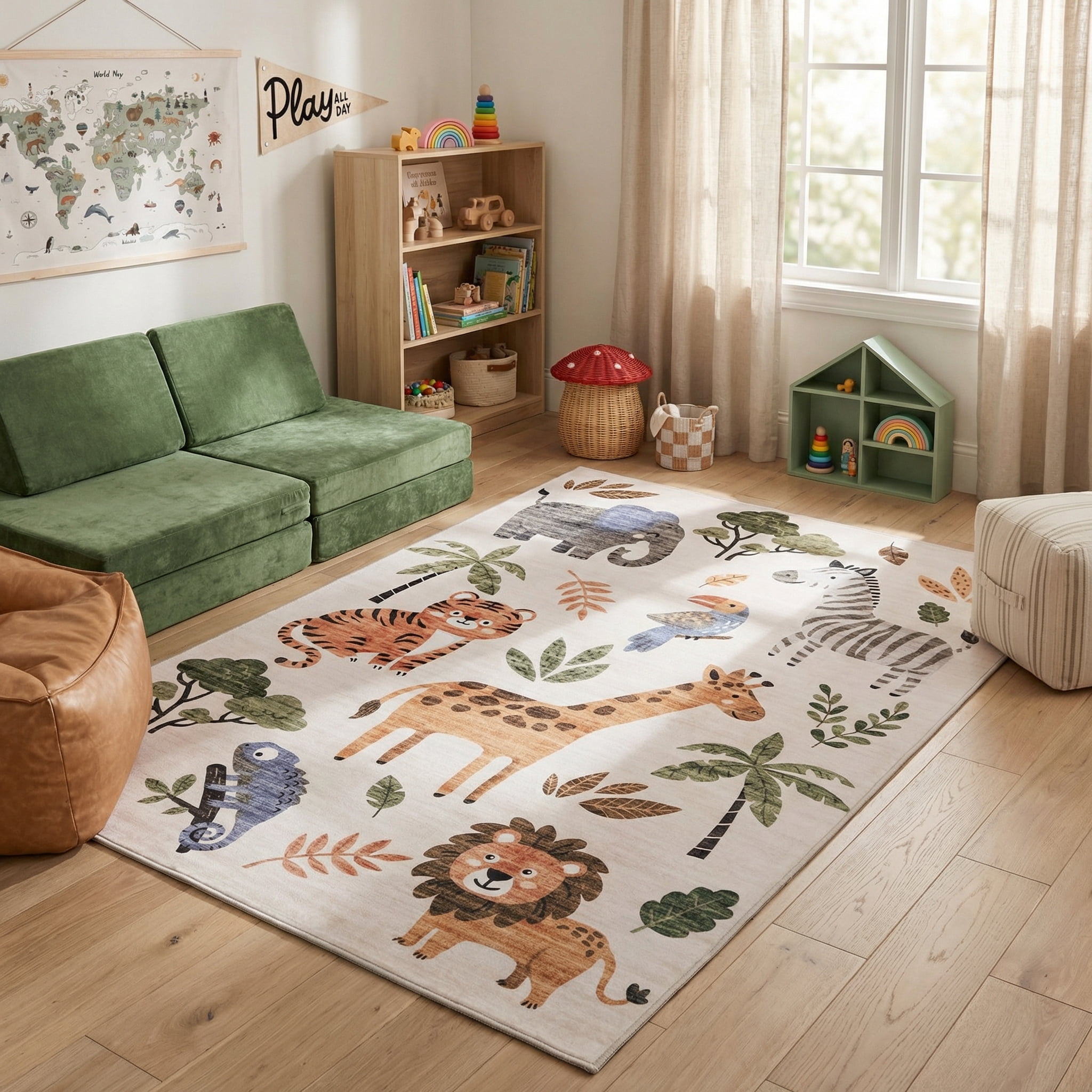 Rug Branch Soft Steps Playtime Cartoon Animals, Tapis d'apprentissage educatif doux, blanc beige - Garcons et filles dans la salle de jeux, la creche, la chambre a coucher