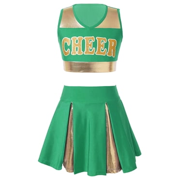 Manyakai Costume d'Uniforme de Cheerleading pour Filles, Haut Court à Dos Nu avec Jupe Plissée, Cheerleader, Costume d'Halloween Vert A 6