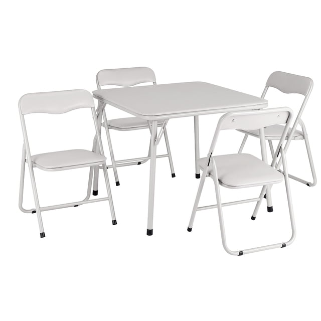 5-Piece Kids Folding Table and Chair Set in beige, featuring a square table and four matching chairs with PU upholstered seats and backs. The set has a sturdy metal frame, rounded corners, and locking legs for safety. Designed for dining, reading, and play, it offers a foldable, space-saving design for easy storage and portability.