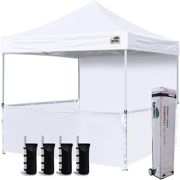 Eurmax USA 10'x10' Pop-up Booth Canopy Tent Commercial Instant Canopies with 1 Full Sidewall & 3 Half Walls and Roller Bag, with 4 SandBags + 3 Cross-Bar(White)