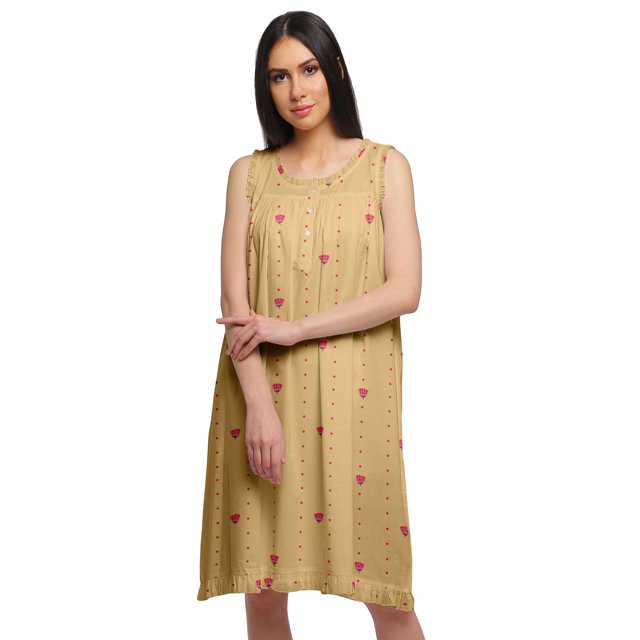 Moomaya Cotton A-Line Sleepwear For Ladies Round Neck Button Placket Nightdress
