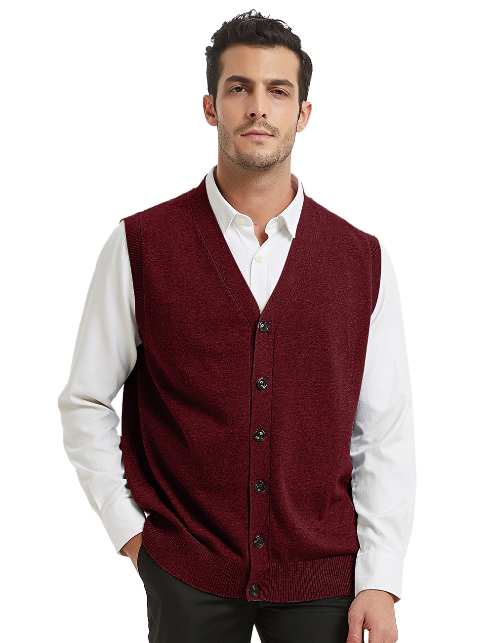 TOPTIE Men Sweater Vest Solid Knitted Lightweight Thermal Cardigan-Wine Red-XL