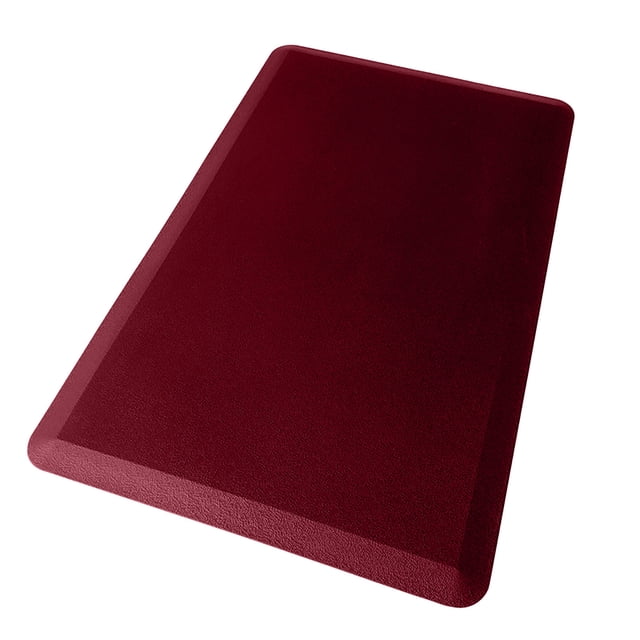 Aqestyerly Anti-Fatigue Kitchen Mat Set Cushioned Non-Slip Waterproof Floor Mat in a deep red color. This comfort foam rug measures 17.3x28 inches and features an ergonomic design to reduce stress on feet, knees, and joints. Made of durable PVC material, it is stain-resistant, waterproof, and easy to clean. The non-slip backing ensures stability on various surfaces like tile, wood, and marble. Suitable for kitchens, standing desks, laundry rooms, and more.