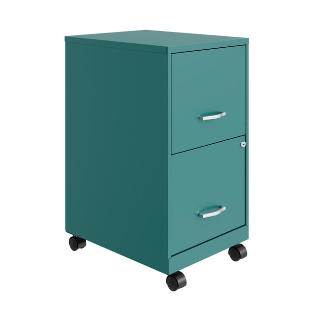 18" 2 Drawer Mobile Smart Vertical File Cabinet in teal with smooth painted steel surface, two high-side drawers with silver handles and cam lock, on four black caster wheels for mobility, suitable for organizing letter-size hanging files and office essentials.