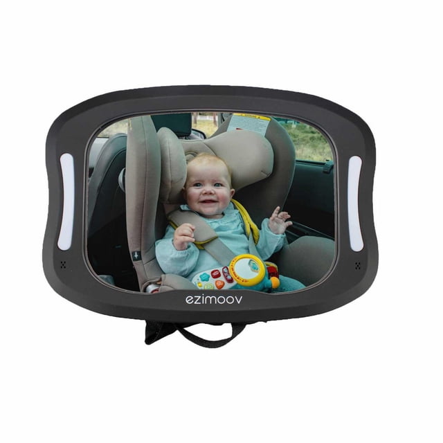 Ezi Miroir à DEL - Miroir pour Enfant Extra Grand avec Veilleuse à DEL avec Cadre Noir et Lumières à DEL Intégrées des Deux Côtés, Réfléchissant un Enfant Fixé dans un Siège d'Auto Orienté vers l'Arrière à l'Intérieur d'Un Véhicule, Montrant la Ceinture de Sécurité et un Jouet Coloré, Conçu pour une Surveillance Sécuritaire depuis le Siège du Conducteur.