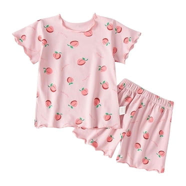 VOAVEKE Girls Pajamas,Girls Summer Outfits,Toddler Outfits for Girls Cute Print Casual Suit Summer Outfits for Little Kids Girls Pink 1-2 Years