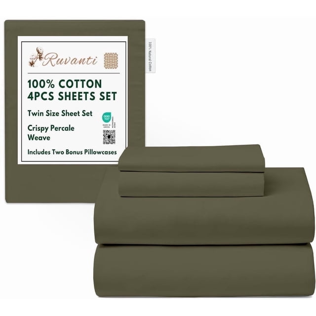 RUVANTI 4 Pcs Cotton Sheets - 100% Natural Cotton Soft, Lightweight & Breathable Crispy Percale Bed Sheets, Twin Sheets Set 16" Deep Pockets, Winter Moss