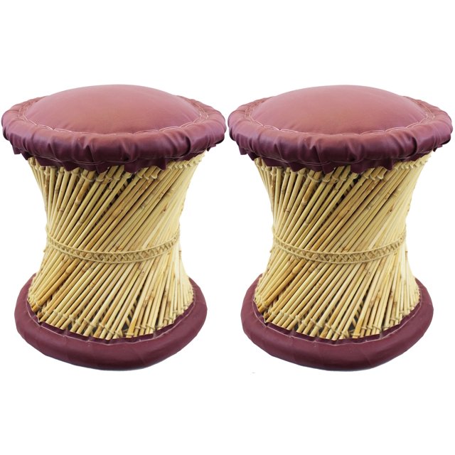 Natural Geo Tabouret d'Appoint en Moray (Ensemble de 2) - Similicuir Bordeaux