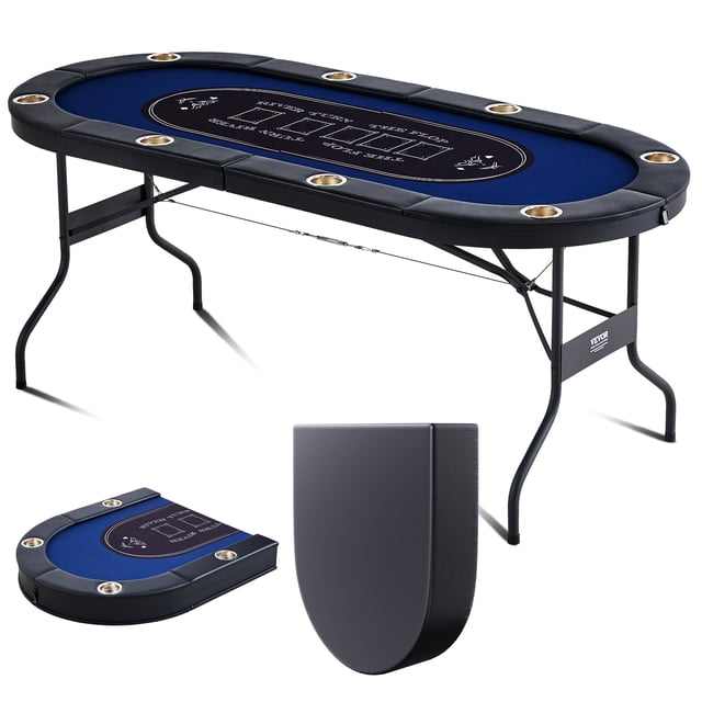 VEVOR 8 Player Foldable Poker Table featuring a blue felt tabletop with printed card game markings, padded black armrests, and built-in stainless steel cup holders for each player. The table has a sturdy metal frame with foldable legs for portability and space-saving storage. Includes a dust cover for protection when not in use.