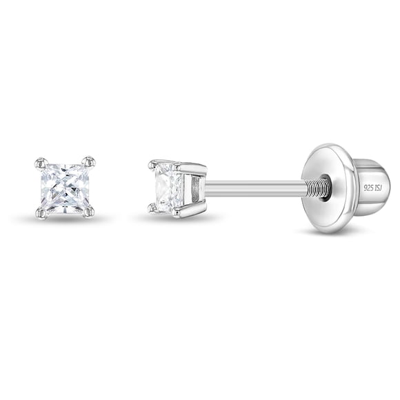 Boucles d'Oreilles à Vis en Argent Sterling 925 2 mm CZ Princesse Taille Carrée pour Bébé Fille