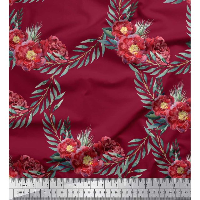 Soimoi Tissu Crêpe polyester Rouge Feuilles & Pivoines Imprimé Floral 1 Yard 42 Pouces de Large