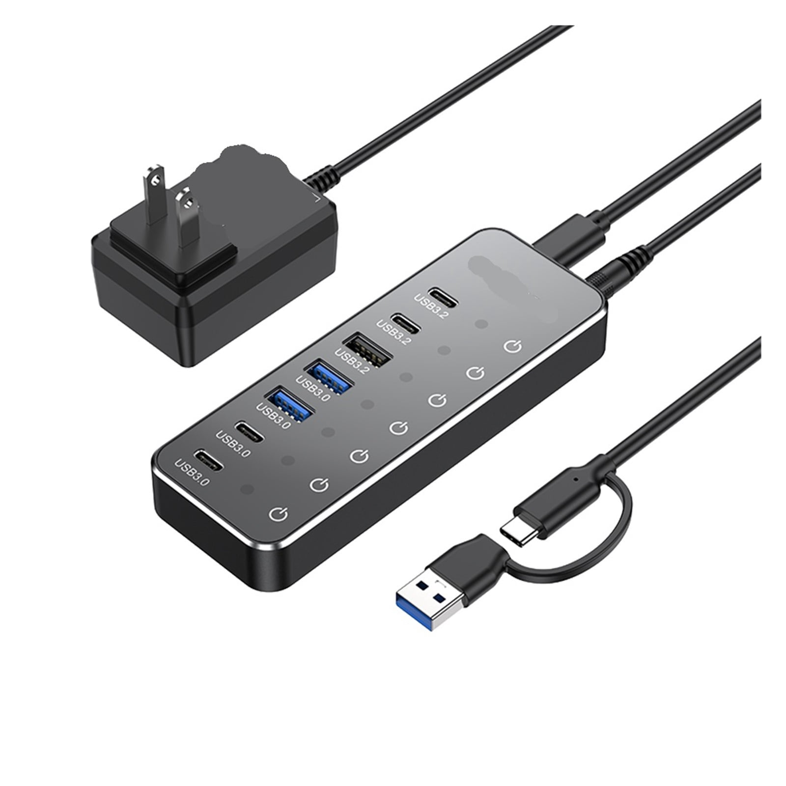 Powered 7 Port 10Gbps Data USB Hub with Individual Touch On/Off Switches for PC Laptop Desktop ,Powerful Charging