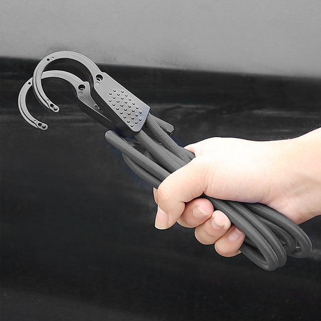 EGNMCR Car Luggage Compartment Fixed Rope with Hook, shown in a coiled state held in a hand. The black elastic rope features durable ABS material and metal hooks with a protective coating for secure fastening. Ideal for securing luggage, hanging clothes, or organizing items, it measures 300cm (118 inches) in length and is lightweight at 99g (0.2lb).