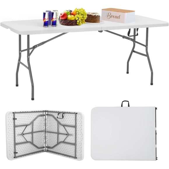 FDW Folding Table, Portable Fold-in-Half Event & Party Table, Compact Carrying Design, Plastic, White