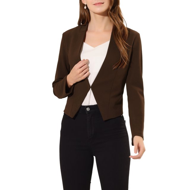 Blazer de Travail pour Femme Sans Col, Veste de Tailleur Chic Décontracté, Blazer Court, P Café
