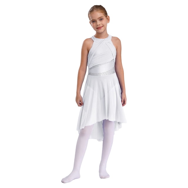 RUNQHUI Kids Girls Sleeveless Shiny Rhinestone Ruched Ballet Leotard Dress Lyrical Modern Contemporary Ballroom White 14
