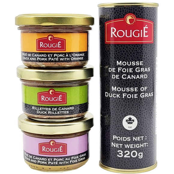 Rougie Foie Gras Mousse & Spreads 4-Pack - Mousse of Duck Foie Gras, Pate with Foie Gras, Rillettes and Pâté with Orange, Product of Canada